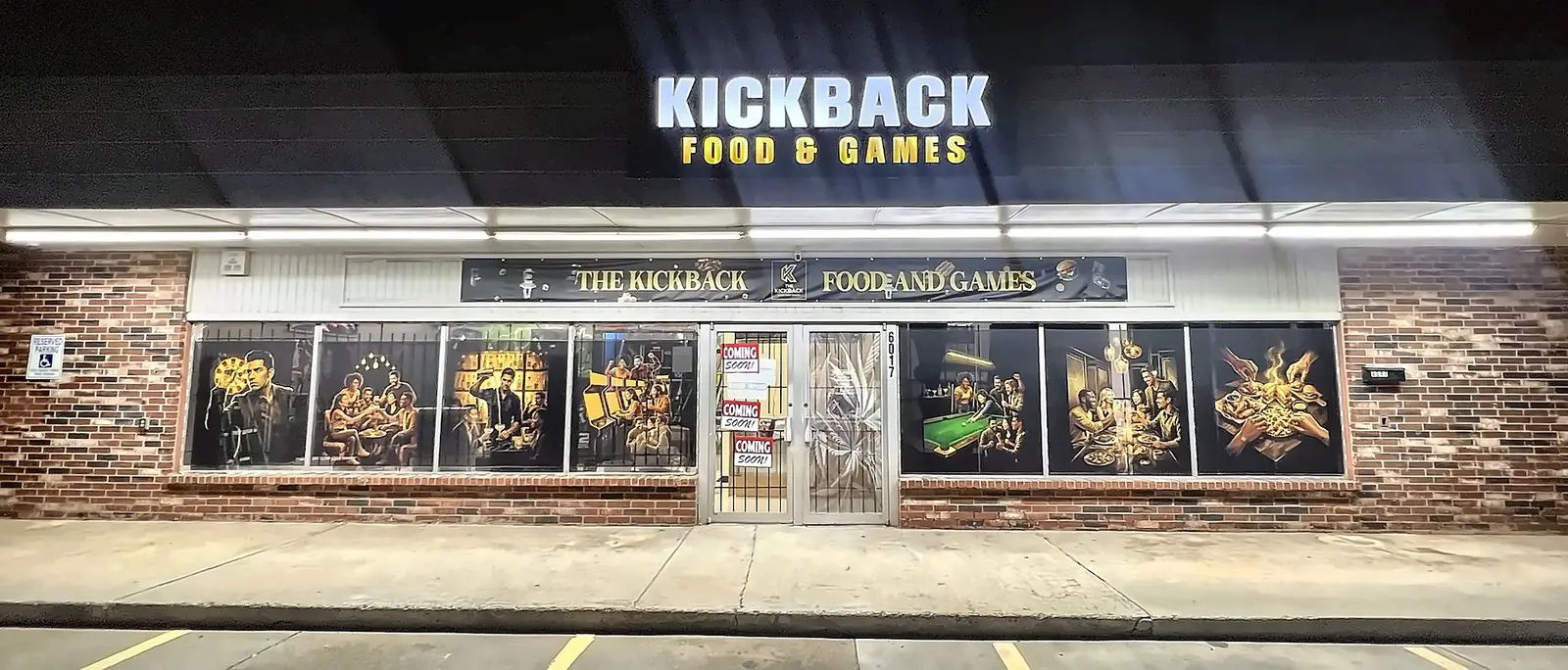 The Kickback storefront at night